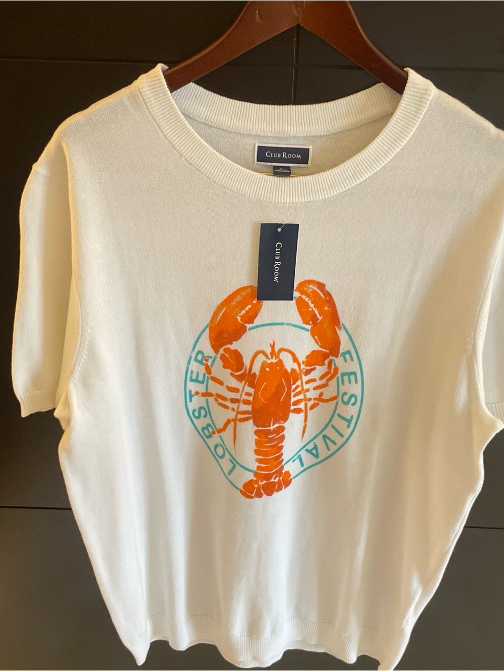 Club Room Cream Tee with Orange Lobster and Teal Emblem